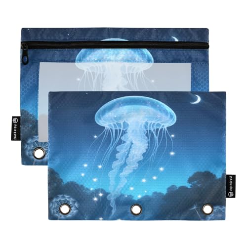 Nexawaveo Fantasy Quallen-Federmäppchen-Set für 3-Ringbinder, glatter Reißverschluss mit transparentem PVC-Fenster, Federmäppchen für Schulbedarf, Blau, 2 Stück von Nexawaveo