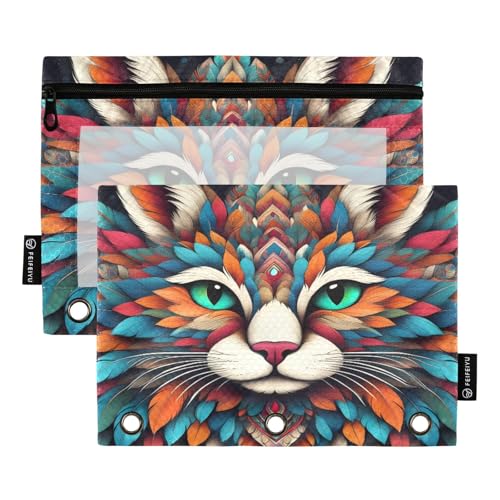 Nexawaveo Federmäppchen-Set mit 3 Ringbüchern, Motiv: Tribal-Katze, Hochformat, dunkel, glatter Reißverschluss mit transparentem PVC-Fenster, Federmäppchen für Schulbedarf, 2 Stück von Nexawaveo
