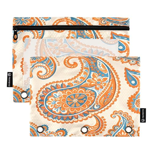 Nexawaveo Federmäppchen-Set mit 3 Ringbüchern, Retro-Paisley-Muster, glatter Reißverschluss mit transparentem PVC-Fenster, Federmäppchen für Schulbedarf, 2 Stück von Nexawaveo