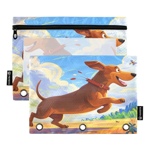 Nexawaveo Federmäppchen-Set mit Dackel, Laufend in Wildnis, 2 Stück, für 3-Ringbinder, glatter Reißverschluss mit transparentem PVC-Fenster, Federmäppchen für Schulbedarf von Nexawaveo