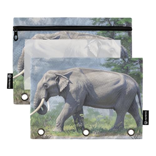 Nexawaveo Federmäppchen-Set mit Elefant in Grün, 2 Stück, für 3-Ringbinder, glatter Reißverschluss mit transparentem PVC-Fenster, Federmäppchen für Schulbedarf von Nexawaveo