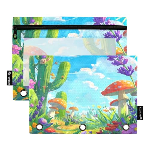 Nexawaveo Federmäppchen-Set mit Kaktus-Pilzen, Querformat mit Kaktus-Pilzen, 2 Stück, für 3 Ringbücher, glatter Reißverschluss mit transparentem PVC-Fenster, Federmäppchen für Schulbedarf von Nexawaveo