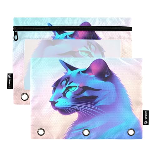 Nexawaveo Federmäppchen-Set mit Katzenmotiv, für 3-Ringbinder, glatter Reißverschluss mit transparentem PVC-Fenster, Federmäppchen für Schulbedarf, 2 Stück von Nexawaveo
