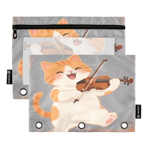 Nexawaveo Federmäppchen-Set mit Katzenmotiv, für 3-Ringbinder, glatter Reißverschluss mit transparentem PVC-Fenster, Federmäppchen für Schulbedarf, Orange / Grau, 2 Stück von Nexawaveo