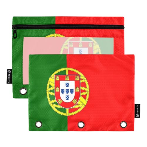 Nexawaveo Federmäppchen-Set mit Portugal-Flagge, für 3-Ringbinder, glatter Reißverschluss mit transparentem PVC-Fenster, Federmäppchen für Schulbedarf, 2 Stück von Nexawaveo