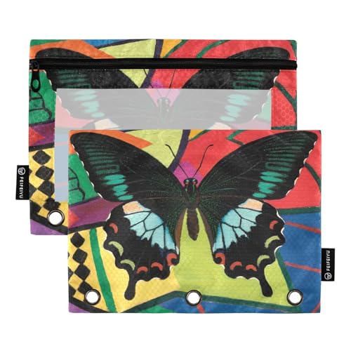 Nexawaveo Federmäppchen-Set mit Schmetterlingen, buntes Design, für 3-Ringbücher, glatter Reißverschluss mit transparentem PVC-Fenster, Federmäppchen für Schulbedarf, 2 Stück von Nexawaveo