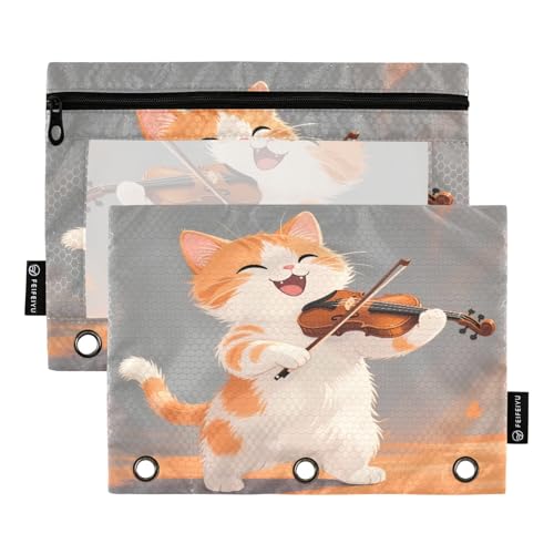 Nexawaveo Federmäppchen für 3-Ringbinder, Motiv: Katze, spielend, Violine, glatter Reißverschluss mit transparentem PVC-Fenster, Federmäppchen für Schulbedarf, 2 Stück von Nexawaveo