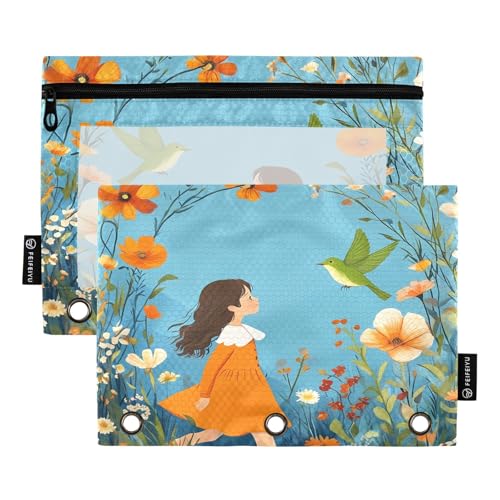 Nexawaveo Federmäppchen für 3-Ringbinder, Motiv: Mädchen mit Vogel, blaues Blumenmuster, glatter Reißverschluss mit transparentem PVC-Fenster, Federmäppchen für Schulbedarf, 2 Stück von Nexawaveo