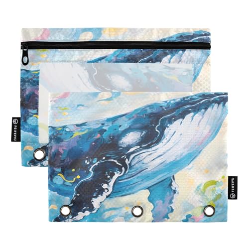 Nexawaveo Federmäppchen für 3-Ringbinder, Motiv: Ölgemälde, blauer Wal, glatter Reißverschluss mit transparentem PVC-Fenster, Federmäppchen für Schulbedarf, 2 Stück von Nexawaveo