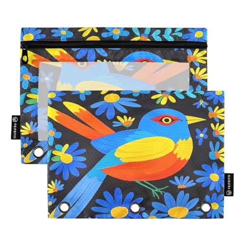 Nexawaveo Federmäppchen für 3-Ringbinder, mit transparentem PVC-Fenster, buntes Vogel-Design, blau-gelbe Blumen, 2 Stück von Nexawaveo