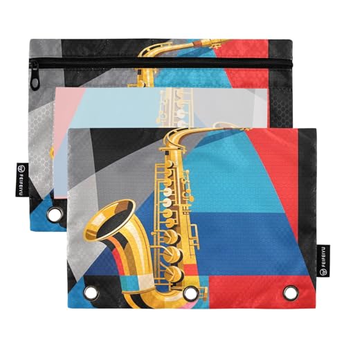 Nexawaveo Federmäppchen für 3-Ringbinder, modernes Saxophon-Dreieck, glatter Reißverschluss mit transparentem PVC-Fenster, Federmäppchen für Schulbedarf, 2 Stück von Nexawaveo