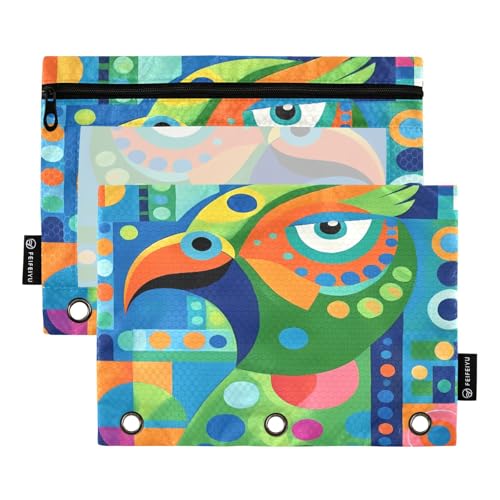 Nexawaveo Federmäppchen für 3-Ringbücher, Motiv: Papageien, bunte Punkte, 2 Stück, glatter Reißverschluss mit transparentem PVC-Fenster, Federmäppchen für Schulbedarf von Nexawaveo