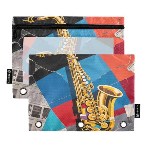 Nexawaveo Federmäppchen für Collage, Saxophon, geometrisch, für 3-Ringbinder, glatter Reißverschluss, mit transparentem PVC-Fenster, Federmäppchen für Schulbedarf, 2 Stück von Nexawaveo