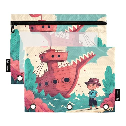 Nexawaveo Federmäppchen für Jungen und Piratenschiff, 2 Stück, für 3-Ringbinder, glatter Reißverschluss mit transparentem PVC-Fenster, Federmäppchen für Schulbedarf von Nexawaveo