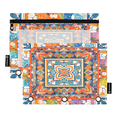 Nexawaveo Federmäppchen im Bohemian-Stil, quadratisch, Orange, 2 Stück, für 3-Ringbinder, glatter Reißverschluss mit transparentem PVC-Fenster, Federmäppchen für Schulbedarf von Nexawaveo