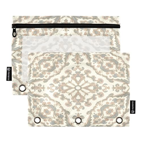 Nexawaveo Federmäppchen im barocken Design, cremefarben, 2 Stück, für 3-Ringbücher, glatter Reißverschluss mit transparentem PVC-Fenster, Federmäppchen für Schulbedarf von Nexawaveo