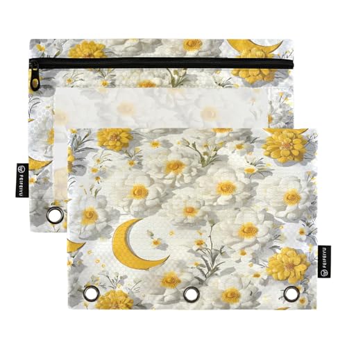 Nexawaveo Federmäppchen mit 3D-Blumenmuster, Halbmondmuster, Weiß, 2 Stück, für 3-Ringbinder, glatter Reißverschluss mit transparentem PVC-Fenster, Federmäppchen für Schulbedarf von Nexawaveo
