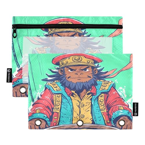 Nexawaveo Federmäppchen mit Affenpirat am Helm, 2 Stück, für 3-Ringbinder, glatter Reißverschluss mit transparentem PVC-Fenster, Federmäppchen für Schulbedarf von Nexawaveo