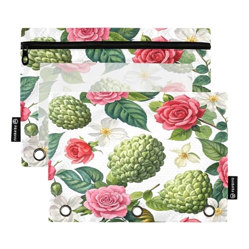 Nexawaveo Federmäppchen mit Blumenmuster, Obstrosen, 2 Stück, für 3 Ringbücher, glatter Reißverschluss mit transparentem PVC-Fenster, Federmäppchen für Schulbedarf von Nexawaveo