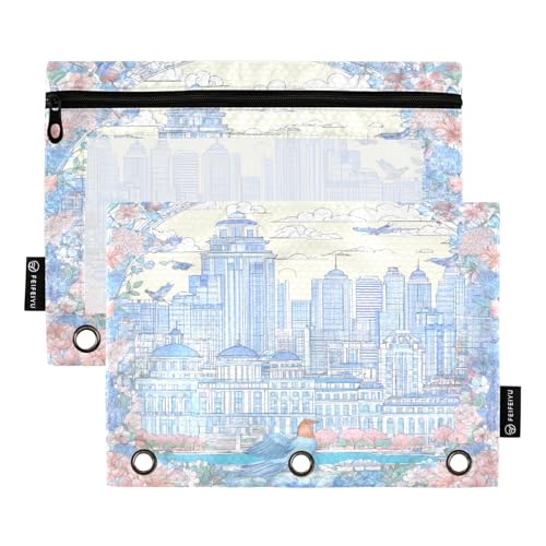 Nexawaveo Federmäppchen mit Blumenmuster und Cityscape-Motiv, 2 Stück, für 3-Ringbinder, glatter Reißverschluss mit transparentem PVC-Fenster, Federmäppchen für Schulbedarf von Nexawaveo