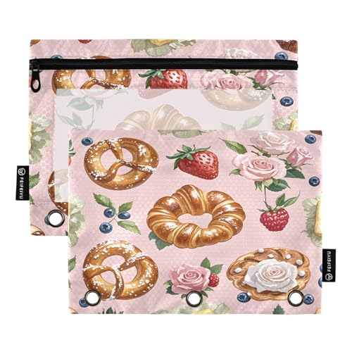 Nexawaveo Federmäppchen mit Brezeln und Rosen, 2 Stück, für 3-Ringbücher, glatter Reißverschluss mit transparentem PVC-Fenster, Federmäppchen für Schulbedarf von Nexawaveo