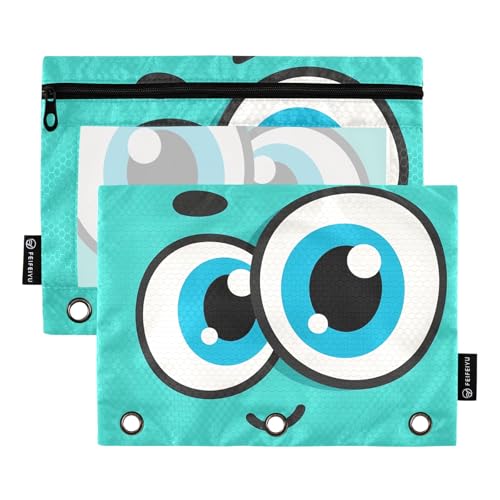 Nexawaveo Federmäppchen mit Cartoon-Augen, Cyan, 2 Stück, für 3-Ringbinder, glatter Reißverschluss mit transparentem PVC-Fenster, Federmäppchen für Schulbedarf von Nexawaveo