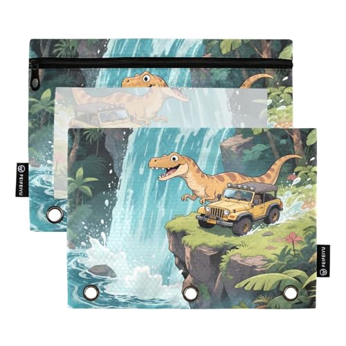 Nexawaveo Federmäppchen mit Cartoon-Dinosaurier-Auto, 2 Stück, für 3-Ringbinder, glatter Reißverschluss mit transparentem PVC-Fenster, Federmäppchen für Schulbedarf von Nexawaveo