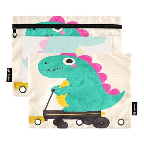 Nexawaveo Federmäppchen mit Cartoon-Dinosaurier auf Beige, 2 Stück, für 3-Ringbinder, glatter Reißverschluss mit transparentem PVC-Fenster, Federmäppchen für Schulbedarf von Nexawaveo