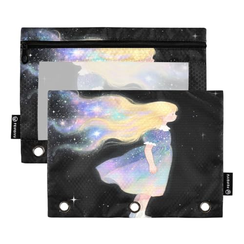 Nexawaveo Federmäppchen mit Cartoon-Figur mit Galaxie-Haaren, dunkles 2er-Pack, für 3-Ringbinder, glatter Reißverschluss mit transparentem PVC-Fenster, Federmäppchen für Schulbedarf von Nexawaveo