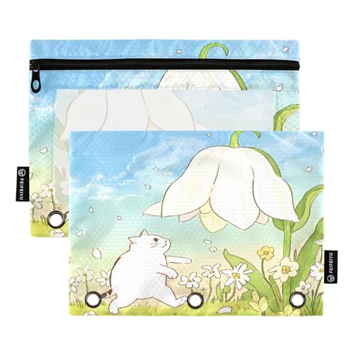 Nexawaveo Federmäppchen mit Cartoon-Katze und Blume in Hellblau, 2 Stück, für 3-Ringbuch, glatter Reißverschluss mit transparentem PVC-Fenster, Federmäppchen für Schulbedarf von Nexawaveo