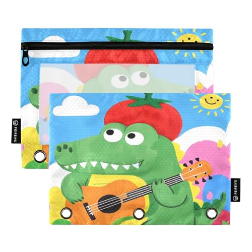 Nexawaveo Federmäppchen mit Cartoon-Krokodil-Motiv, 2 Stück, für 3-Ringbinder, glatter Reißverschluss mit transparentem PVC-Fenster, Federmäppchen für Schulbedarf von Nexawaveo