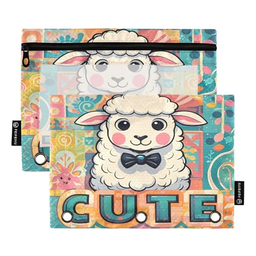 Nexawaveo Federmäppchen mit Cartoon-Lamm, mehrfarbig, 2 Stück, für 3-Ringbinder, glatter Reißverschluss mit transparentem PVC-Fenster, Federmäppchen für Schulbedarf von Nexawaveo