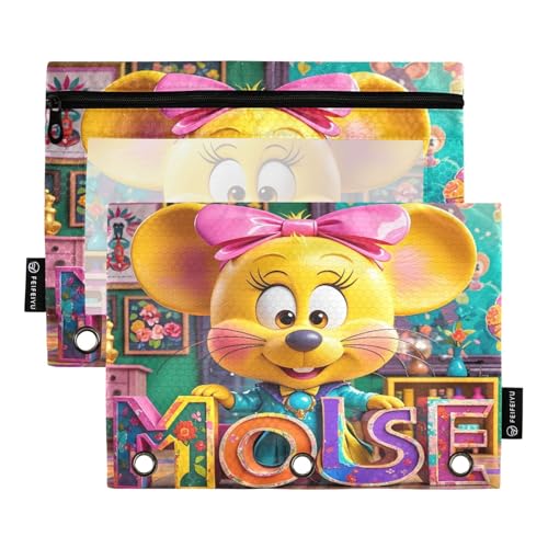 Nexawaveo Federmäppchen mit Cartoon-Maus-Design, für 3-Ringbinder, glatter Reißverschluss mit transparentem PVC-Fenster, Federmäppchen für Schulbedarf, Grün, 2 Stück von Nexawaveo