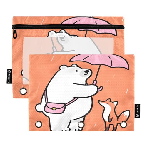 Nexawaveo Federmäppchen mit Eisbär und Fuchs, Orange, 2 Stück, für 3-Ringbuch, glatter Reißverschluss mit transparentem PVC-Fenster, Federmäppchen für Schulbedarf von Nexawaveo