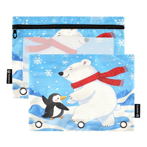 Nexawaveo Federmäppchen mit Eisbär und Pinguin im Winter, 2 Stück, für 3-Ringbuch, glatter Reißverschluss mit transparentem PVC-Fenster, Federmäppchen für Schulbedarf von Nexawaveo