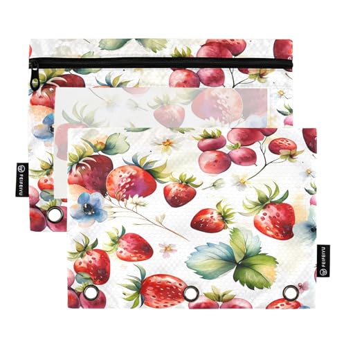 Nexawaveo Federmäppchen mit Erdbeerblumen, Weiß, 2 Stück, für 3-Ringbuch, glatter Reißverschluss mit transparentem PVC-Fenster, Federmäppchen für Schulbedarf von Nexawaveo