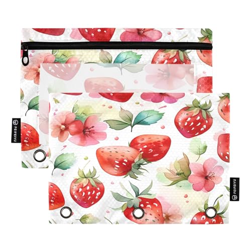 Nexawaveo Federmäppchen mit Erdbeerblumen, Weiß, 2 Stück, für 3-Ringbuch, glatter Reißverschluss mit transparentem PVC-Fenster, Federmäppchen für Schulbedarf von Nexawaveo