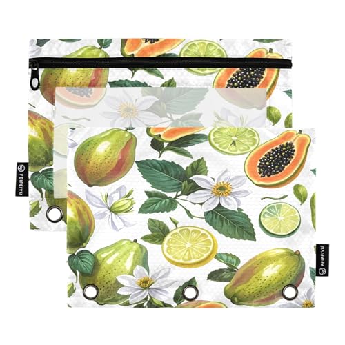 Nexawaveo Federmäppchen mit Früchten und Blumen, 2 Stück, für 3-Ringbinder, glatter Reißverschluss mit transparentem PVC-Fenster, Federmäppchen für Schulbedarf von Nexawaveo