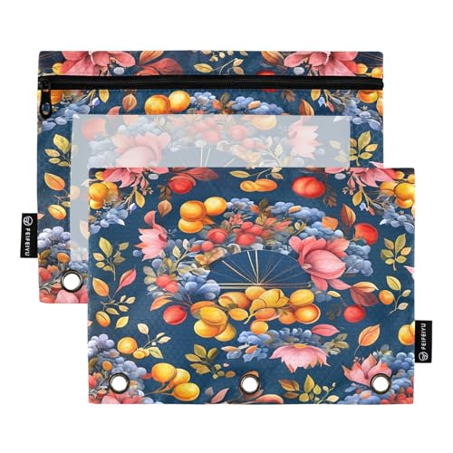 Nexawaveo Federmäppchen mit Früchten und Blumen, dunkelblau, 2 Stück, für 3-Ringbinder, glatter Reißverschluss mit transparentem PVC-Fenster, Federmäppchen für Schulbedarf von Nexawaveo