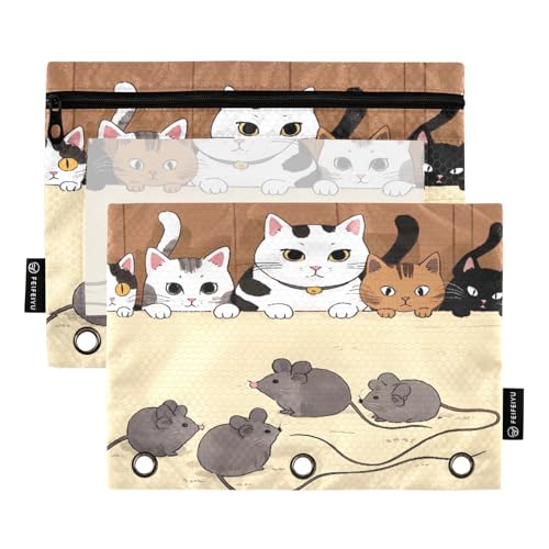 Nexawaveo Federmäppchen mit Kätzchen und Mäusen, 2 Stück, für 3-Ringbinder, glatter Reißverschluss mit transparentem PVC-Fenster, Federmäppchen für Schulbedarf von Nexawaveo