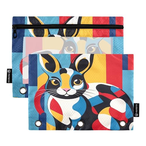 Nexawaveo Federmäppchen mit Kaninchen-Motiv, geometrisches Design, für 3-Ringbinder, glatter Reißverschluss mit transparentem PVC-Fenster, Federmäppchen für Schulbedarf, 2 Stück von Nexawaveo