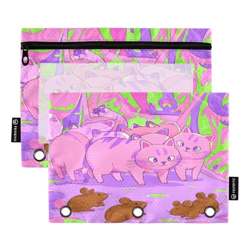 Nexawaveo Federmäppchen mit Katzen und braunen Mäusen, Pastellfarben, 2 Stück, für 3-Ringbinder, glatter Reißverschluss mit transparentem PVC-Fenster, Federmäppchen für Schulbedarf von Nexawaveo