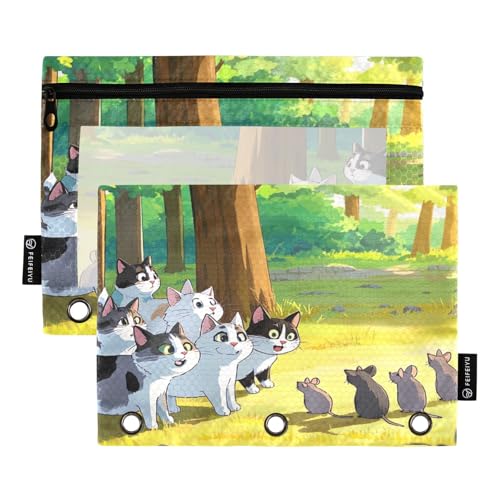 Nexawaveo Federmäppchen mit Katzenbäumen und Mäusen, 2 Stück, für 3-Ringbinder, glatter Reißverschluss mit transparentem PVC-Fenster, Federmäppchen für Schulbedarf von Nexawaveo