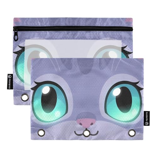Nexawaveo Federmäppchen mit Katzengesicht, blaue Augen, 2 Stück, für 3-Ringbinder, glatter Reißverschluss mit transparentem PVC-Fenster, Federmäppchen für Schulbedarf von Nexawaveo