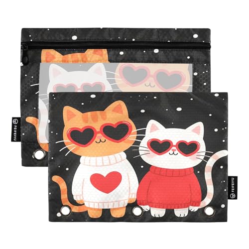 Nexawaveo Federmäppchen mit Katzenmotiv "Love Cats on Dark", 2 Stück, für 3-Ringbinder, glatter Reißverschluss mit transparentem PVC-Fenster, Federmäppchen für Schulbedarf von Nexawaveo