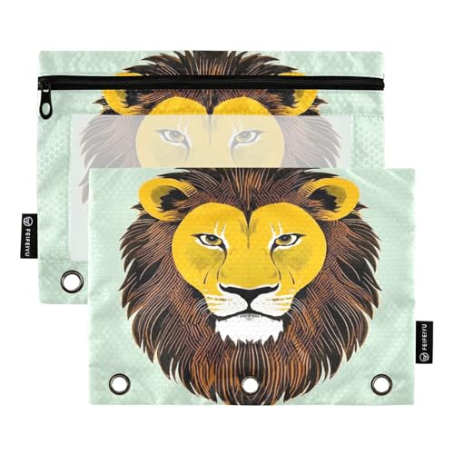 Nexawaveo Federmäppchen mit Löwenkopf auf hellgrünem 2er-Pack für 3-Ringbinder, glatter Reißverschluss mit transparentem PVC-Fenster, Federmäppchen für Schulbedarf von Nexawaveo