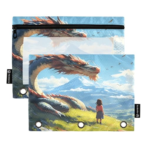 Nexawaveo Federmäppchen mit Motiv Mädchen und Drache auf Hügel, Blau, 2 Stück, für 3-Ringordner, glatter Reißverschluss mit transparentem PVC-Fenster, Federmäppchen für Schulbedarf von Nexawaveo
