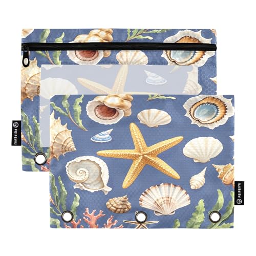Nexawaveo Federmäppchen mit Muscheln und Seesternen, Blau, 2 Stück, für 3-Ringordner, glatter Reißverschluss mit transparentem PVC-Fenster, Federmäppchen für Schulbedarf von Nexawaveo