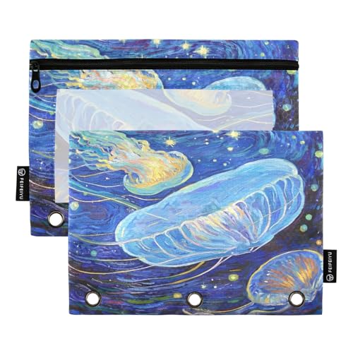 Nexawaveo Federmäppchen mit Quallen in tiefblauem Ozean, 2 Stück, für 3-Ringordner, glatter Reißverschluss mit transparentem PVC-Fenster, Federmäppchen für Schulbedarf von Nexawaveo