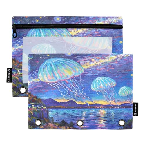Nexawaveo Federmäppchen mit Quallen über dem See bei Nacht, 2 Stück, für 3-Ringordner, glatter Reißverschluss mit transparentem PVC-Fenster, Federmäppchen für Schulbedarf von Nexawaveo
